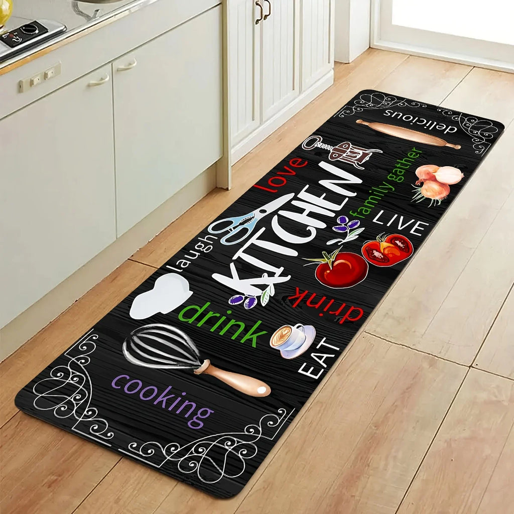 Kitchen Theme Carpet & Rug – Food Love Joy Pattern | Anti-Slip Floor Mat