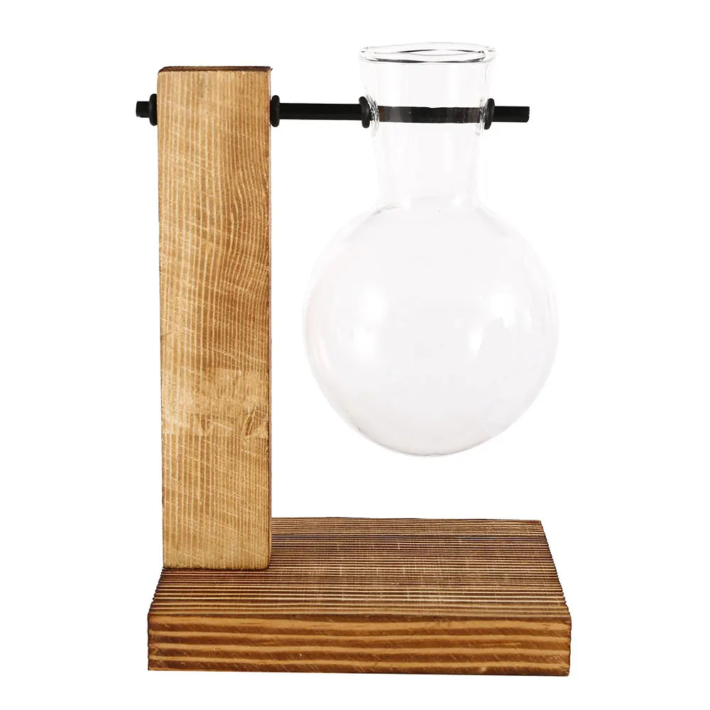 Glass Bulb Vase with Wooden Stand – Desktop Terrarium & Hydroponic Planter