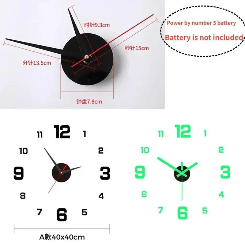 3D Wall Clock – Silent, Luminous & Modern Home Decor (40cm)