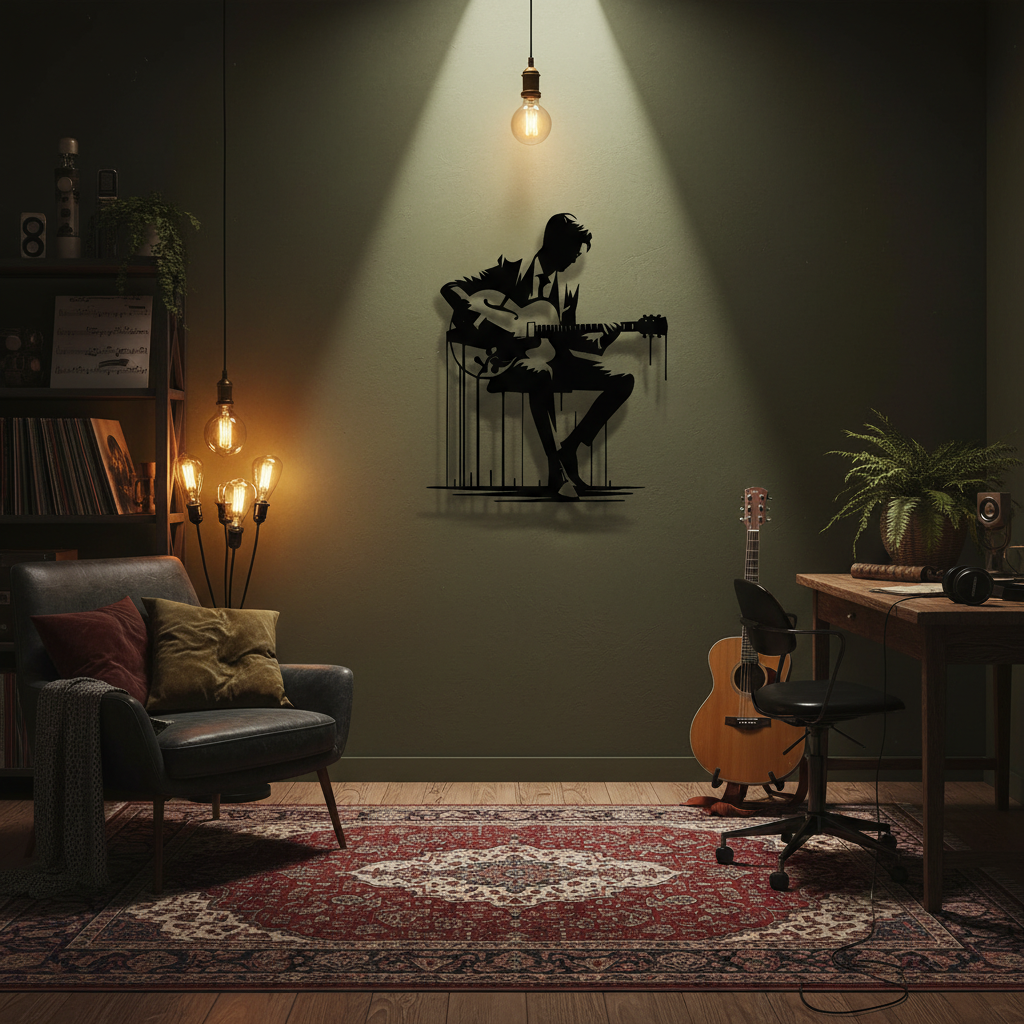 Metal guitar wall art in music studio home office