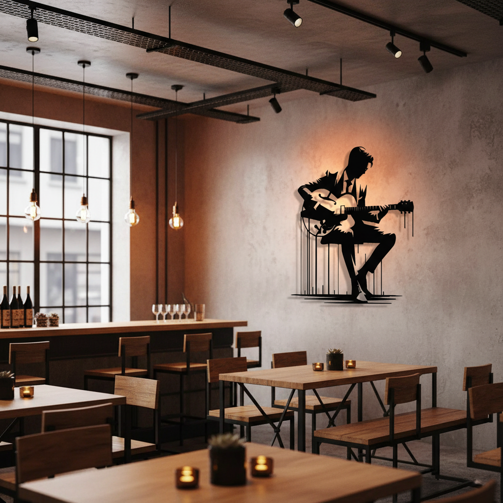 Metal guitar wall sculpture in cafe restaurant