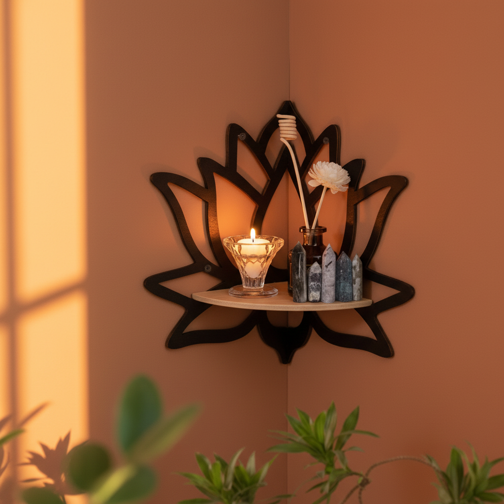 Wooden lotus wall shelf with essential oil bottles and candles on terracotta orange wall