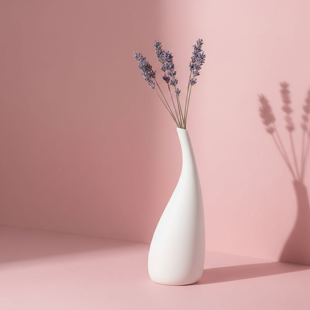 White ceramic matte vase with lavender on dusty rose pink background