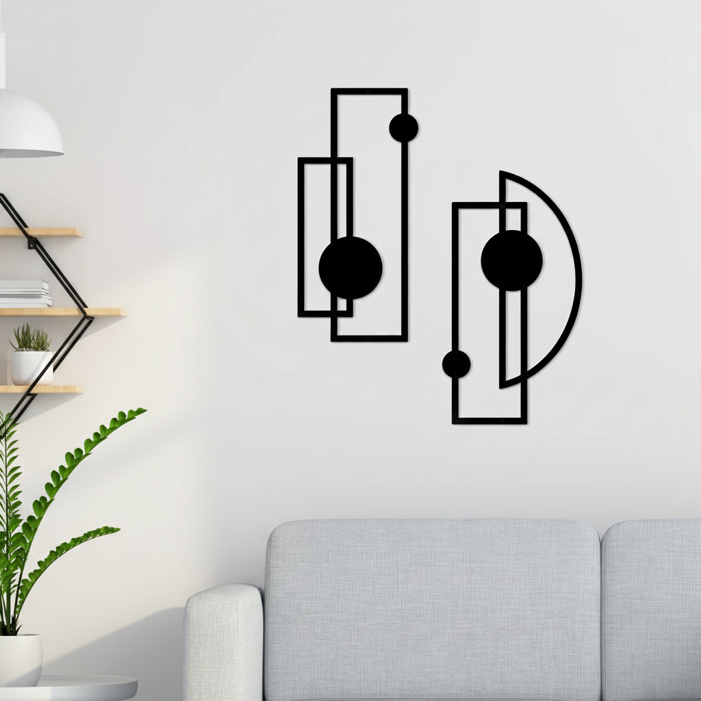 Two abstract vertical metal wall sculptures in Scandinavian hallway