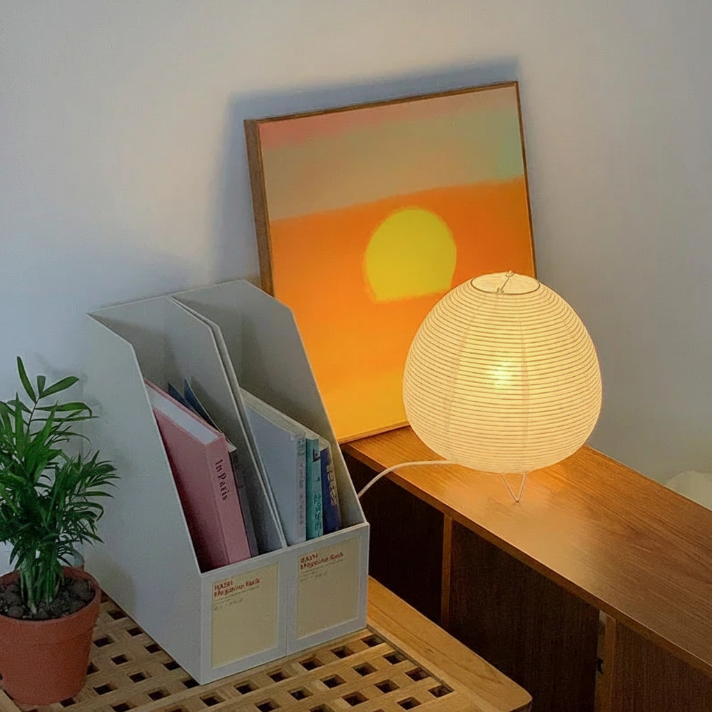 Japanese lantern LED table lamp on bedside table at night