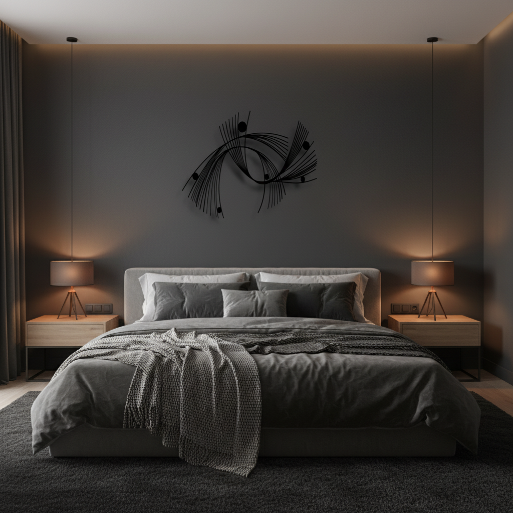 Abstract geometric metal wall art in modern bedroom