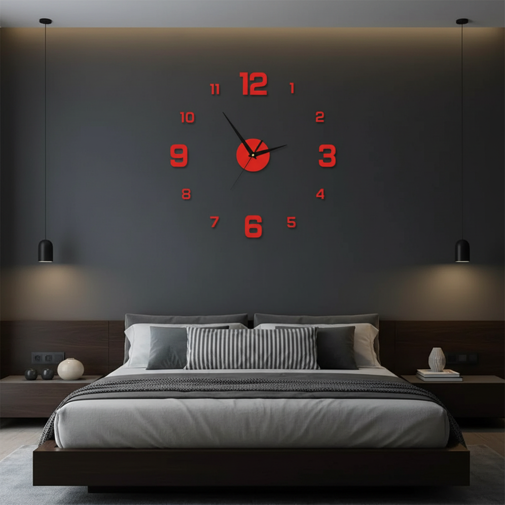 Silent 3D wall clock with floating numbers on dark accent wall in modern bedroom