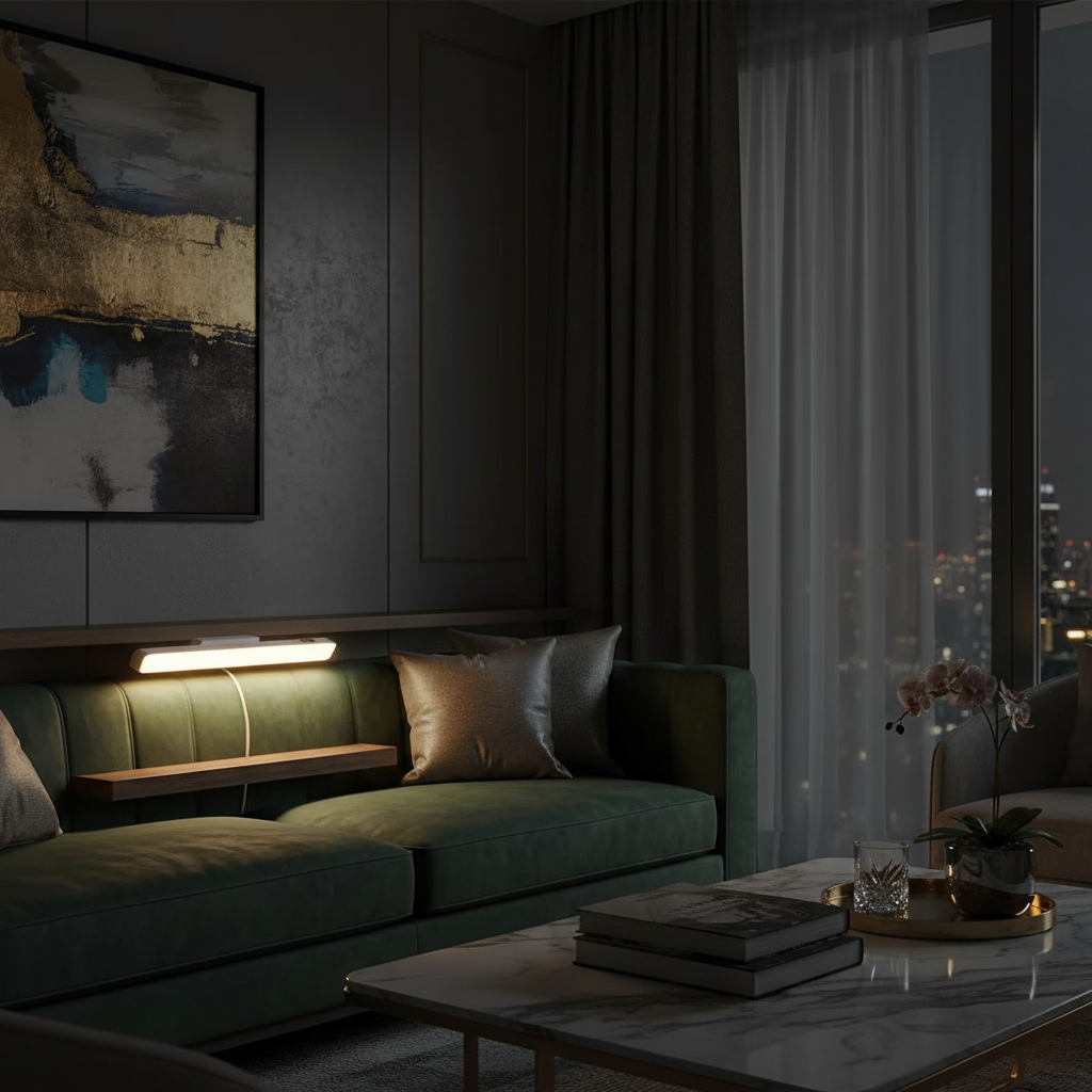 Magnetic touch table lamp in dark luxury living room