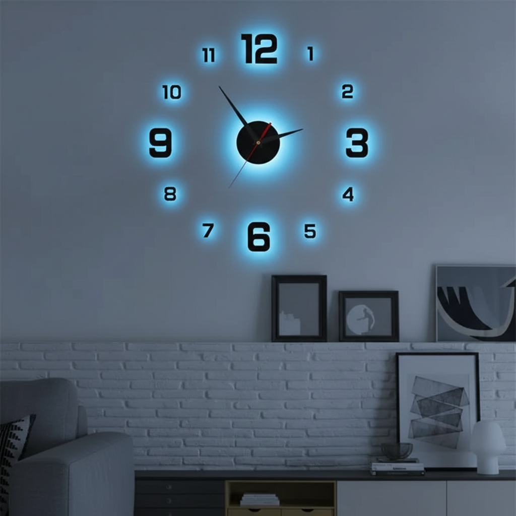 DIY 3D luminous wall clock glowing in the dark on bedroom wall at night