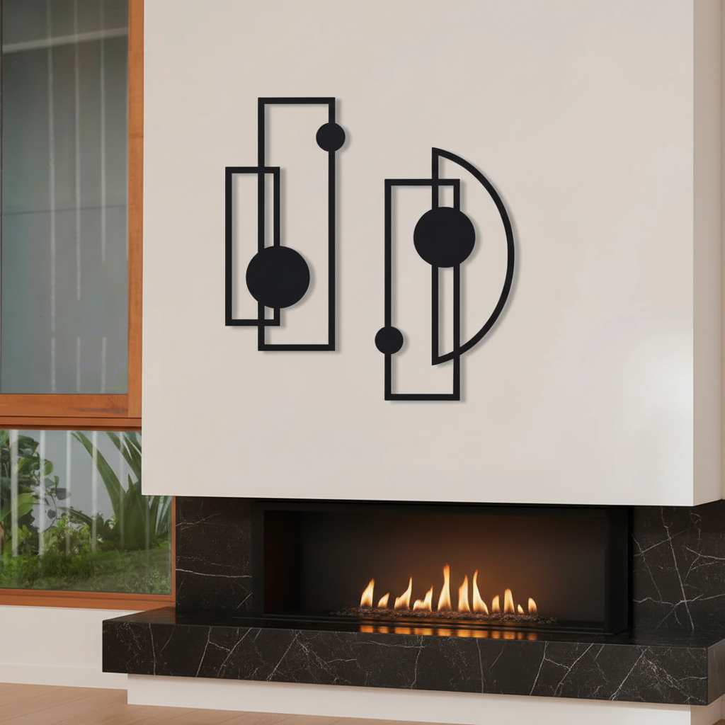 Set of 2 abstract hollow vertical metal wall sculptures in modern living room