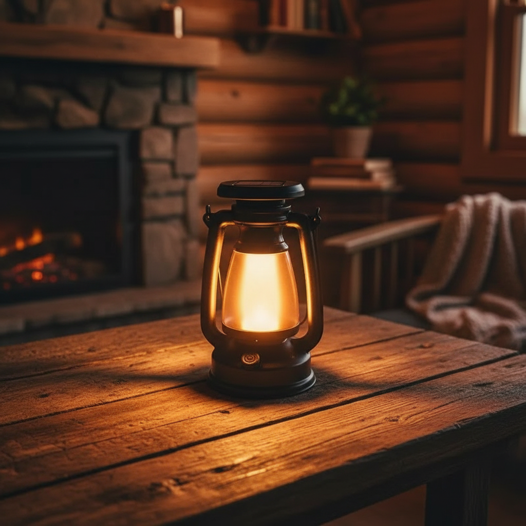 Retro rechargeable LED lantern on rustic wooden table in cozy cabin