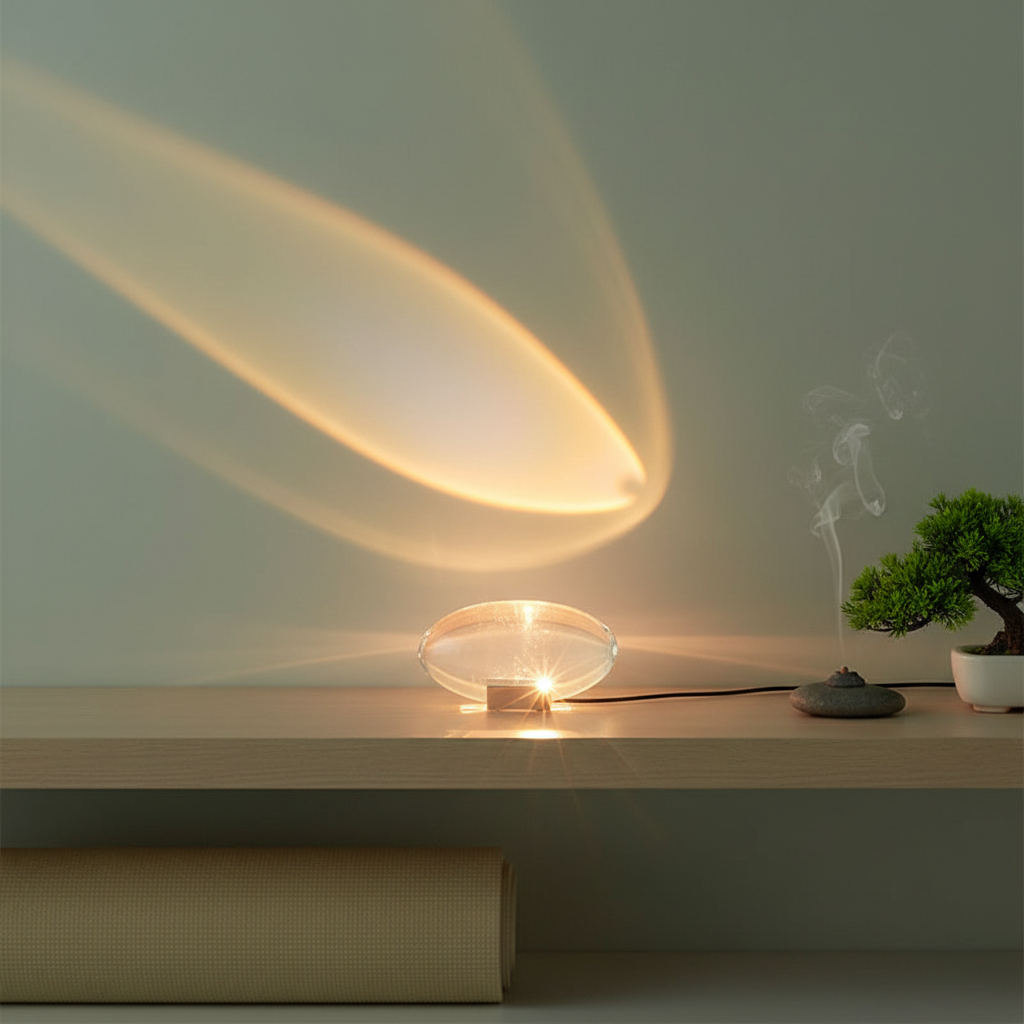 Crystal LED projector lamp on meditation room shelf with ethereal glow