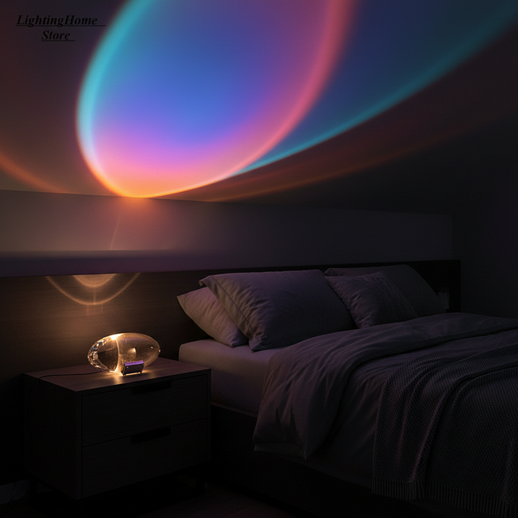 Crystal eye LED projector lamp with galaxy projections on bedroom ceiling