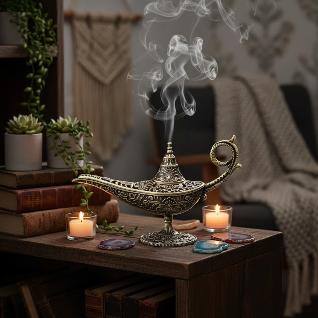 Antique Aladdin oil lamp decorative incense burner on wooden shelf in bohemian living room