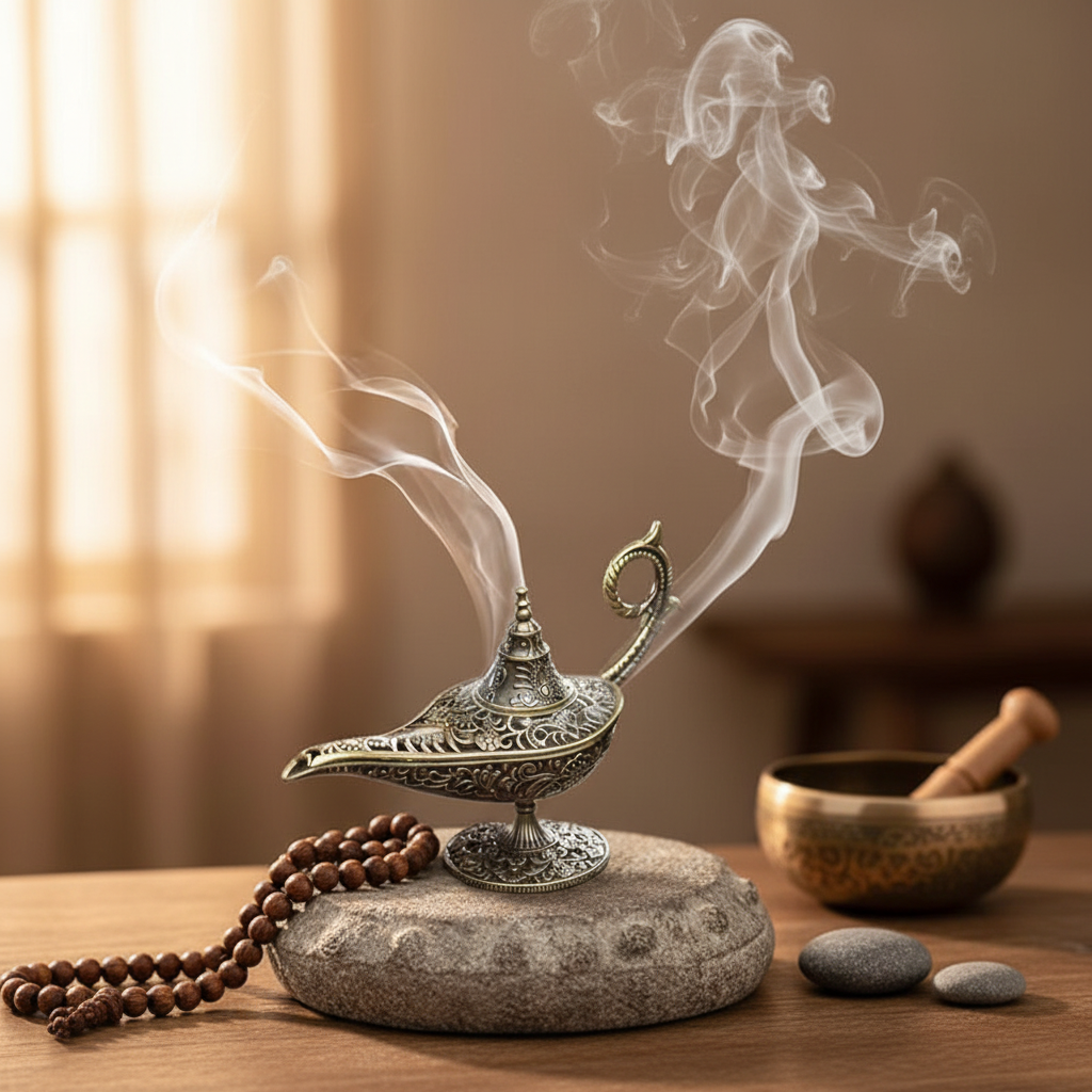 Vintage brass Aladdin oil lamp on meditation altar with incense smoke