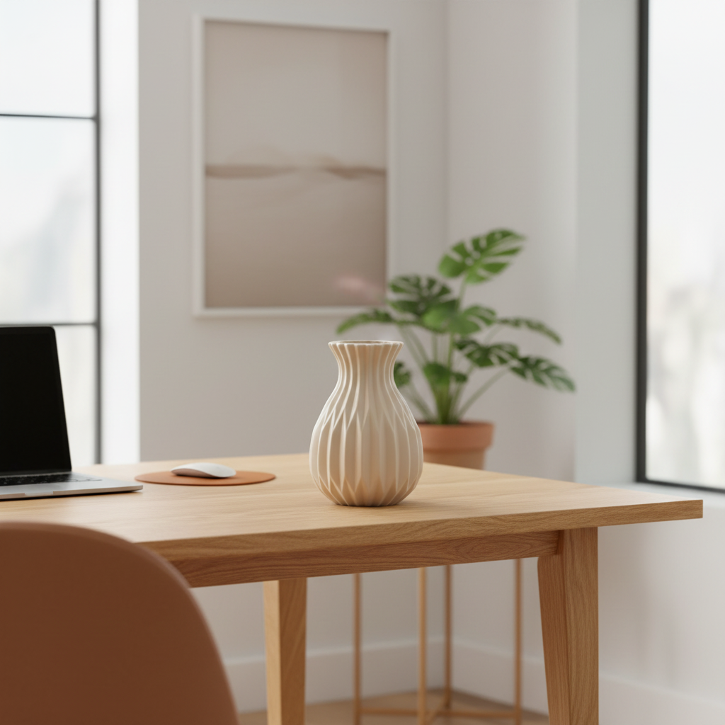 Minimalist ceramic-look vase on wooden desk in stylish home office