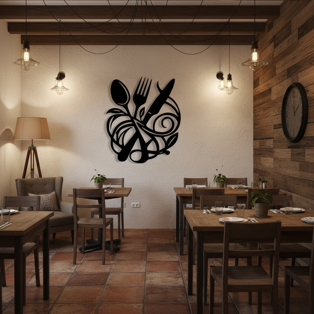 Knife and fork metal wall decor in farmhouse cafe
