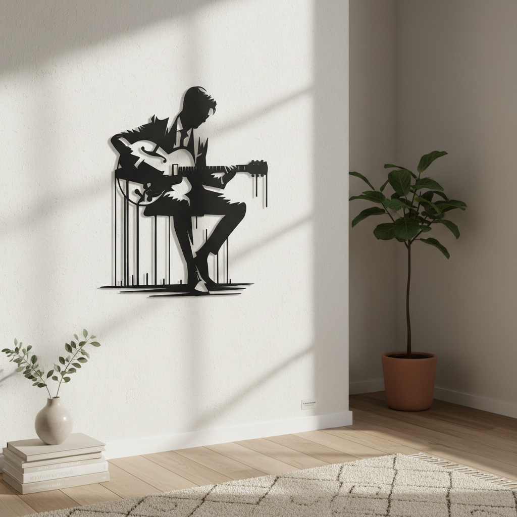 Abstract metal guitar wall art in minimalist hallway