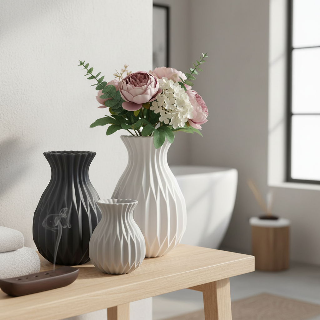 Group of minimalist ceramic vases in different sizes on bathroom shelf
