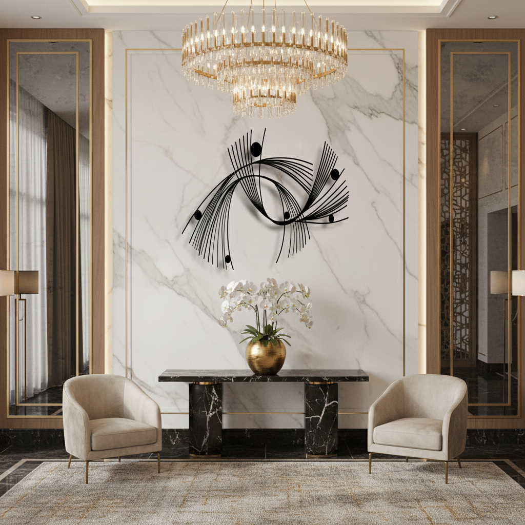Modern geometric metal wall art in luxury dining room