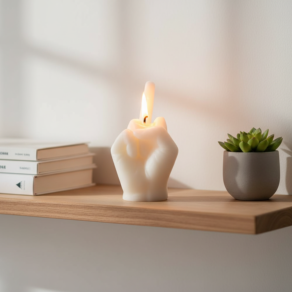 Funny soy wax middle finger candle burning on stylish shelf