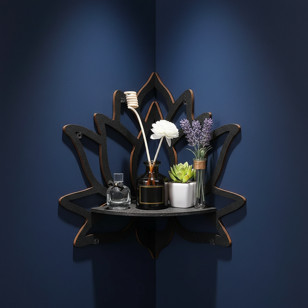 Wooden lotus wall shelf with essential oils and small plants on deep navy blue wall