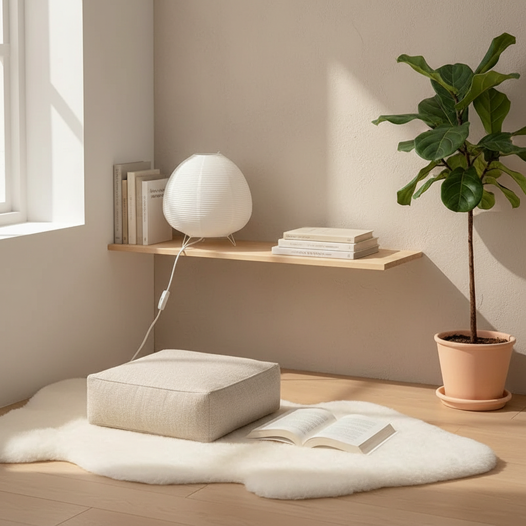 Japanese lantern table lamp on meditation reading nook shelf