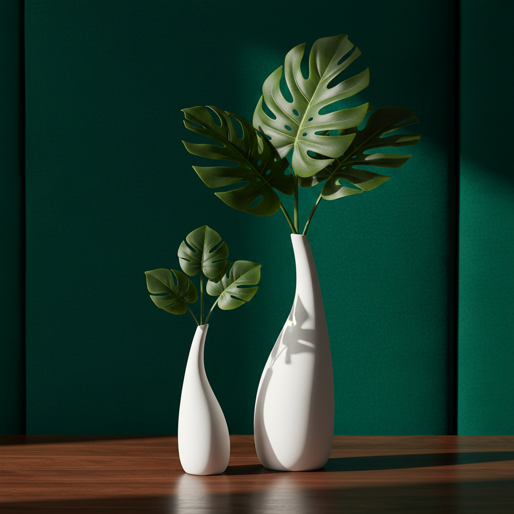 White ceramic matte vase with tropical monstera leaves on rich emerald green background