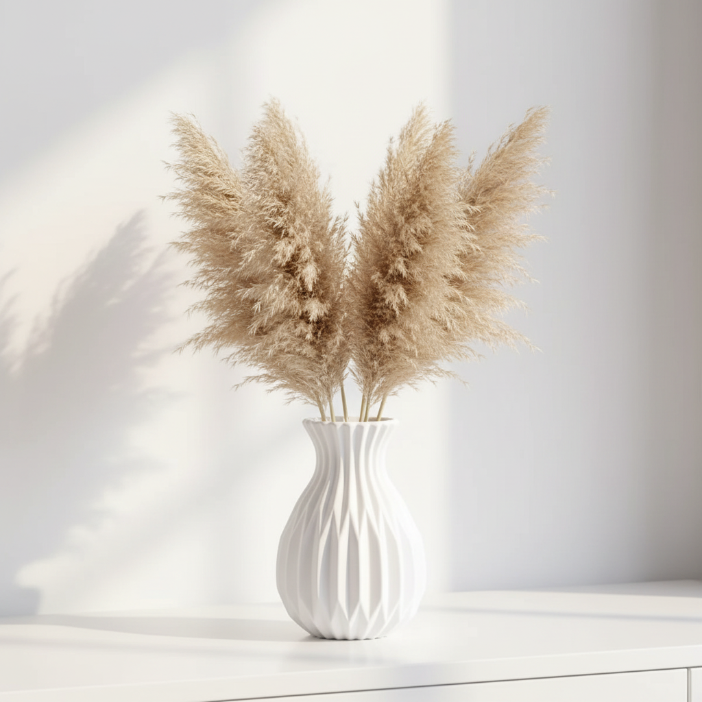 Minimalist ceramic-look vase with dried pampas grass on white shelf in Scandinavian living room