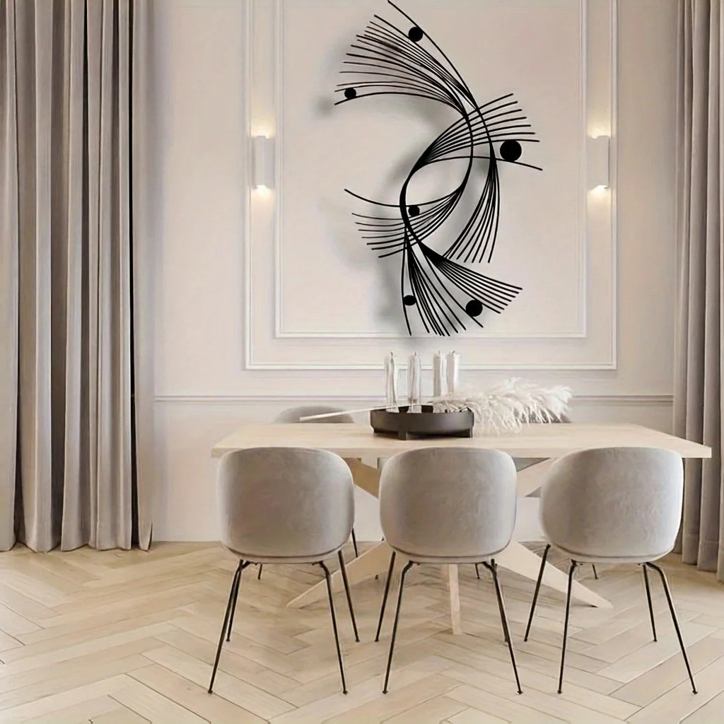 Modern abstract geometric metal wall art in contemporary living room
