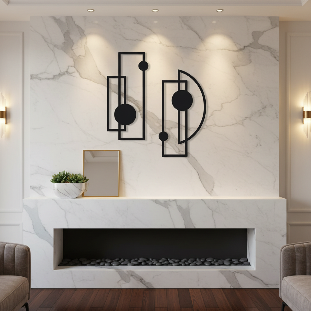 Set of 2 abstract metal wall sculptures in luxury dining room