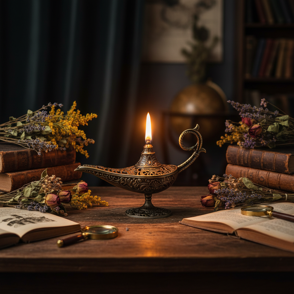 Antique decorative oil lamp on dark wooden table with books and dried flowers