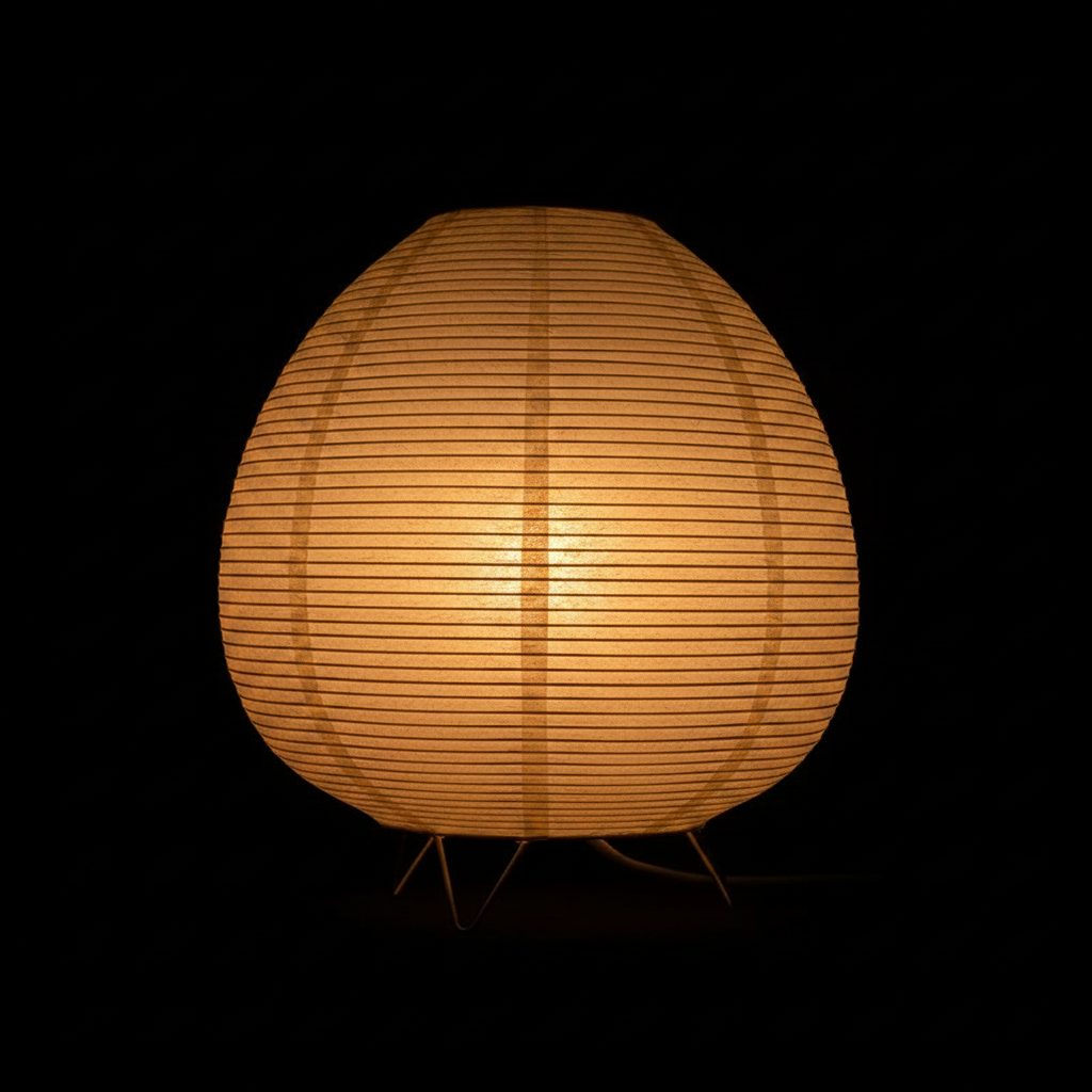 Close-up detail of Japanese rice paper lantern LED lamp glowing