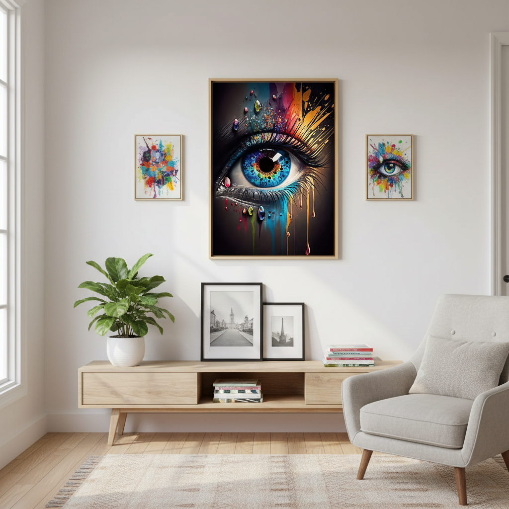 Abstract eye canvas wall art in modern home office gallery wall