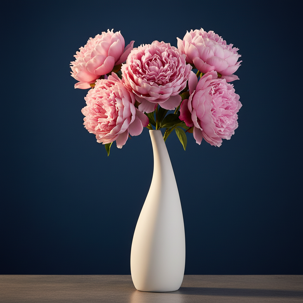White ceramic matte vase with fresh pink peonies on deep navy blue background