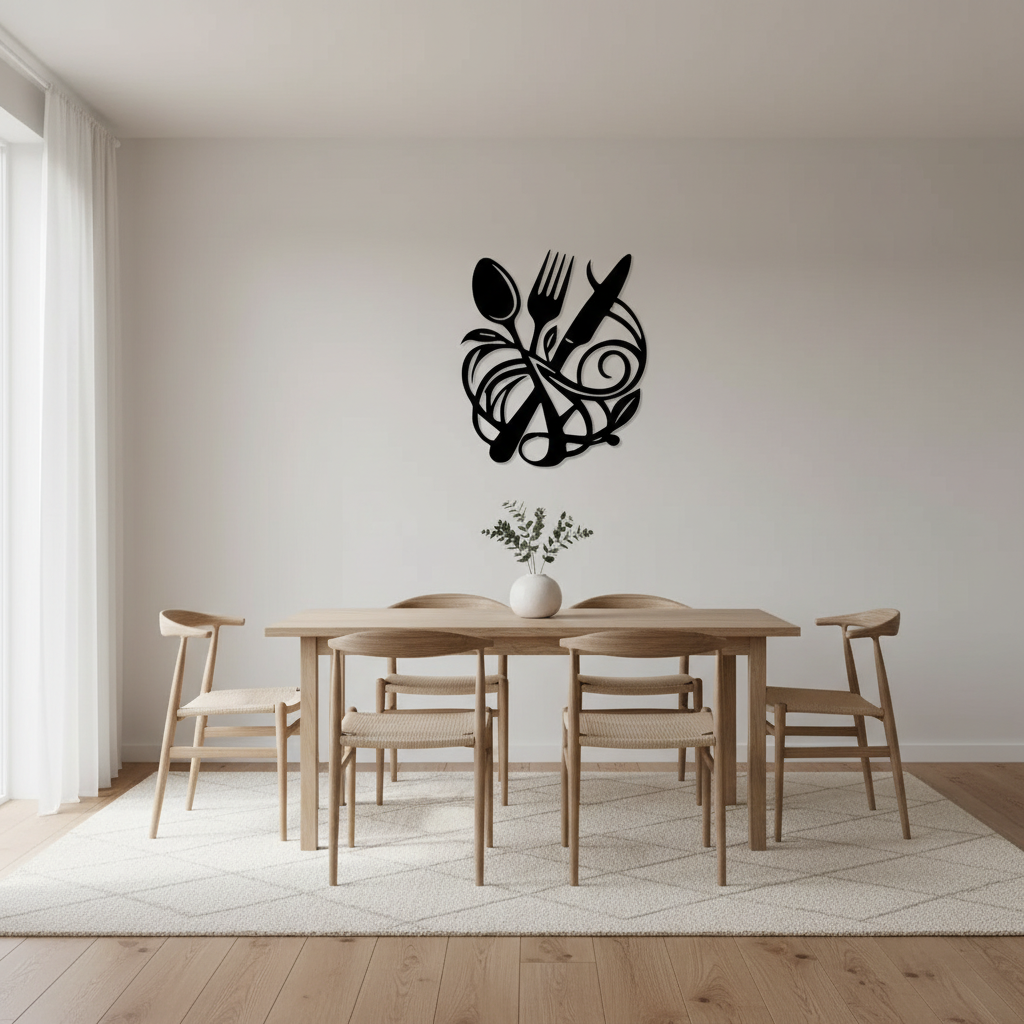 Vintage metal kitchen wall art in minimalist dining room