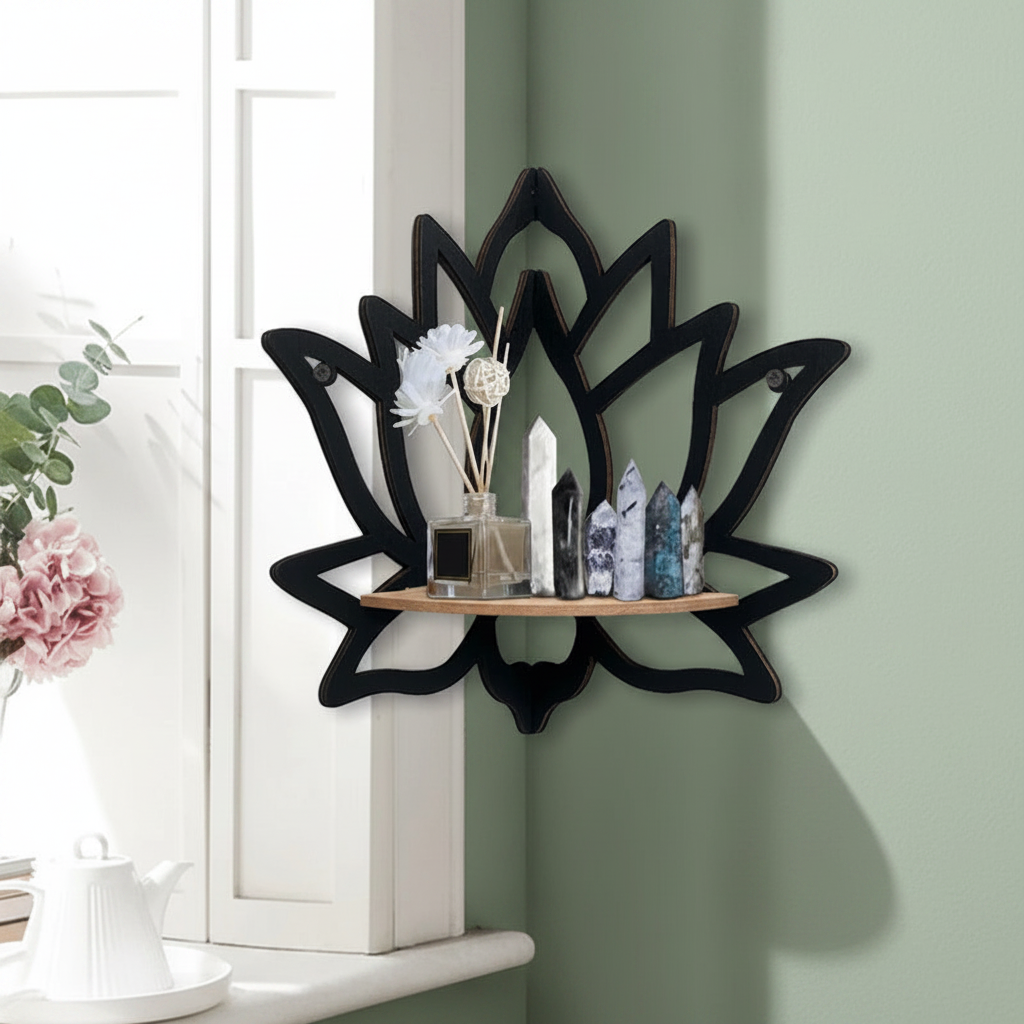 Wooden lotus wall shelf organizer with aromatherapy diffuser and crystals on sage green wall