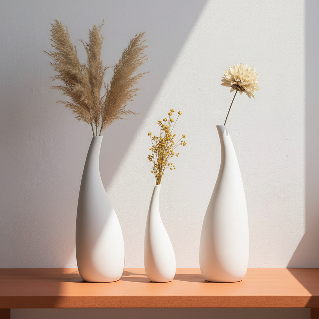 White ceramic matte vase with dried pampas grass on terracotta orange shelf in boho interior