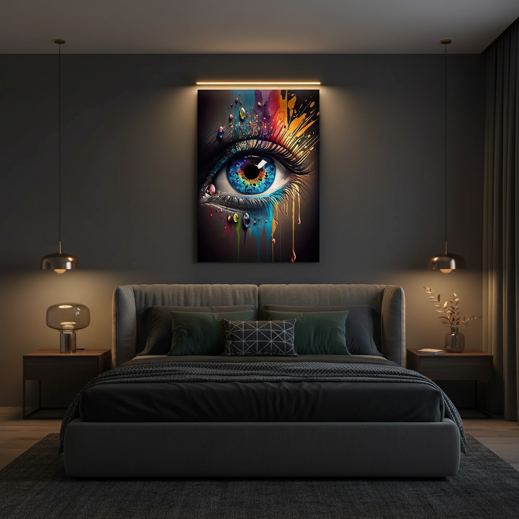 Abstract eye art print poster in stylish bedroom above the bed