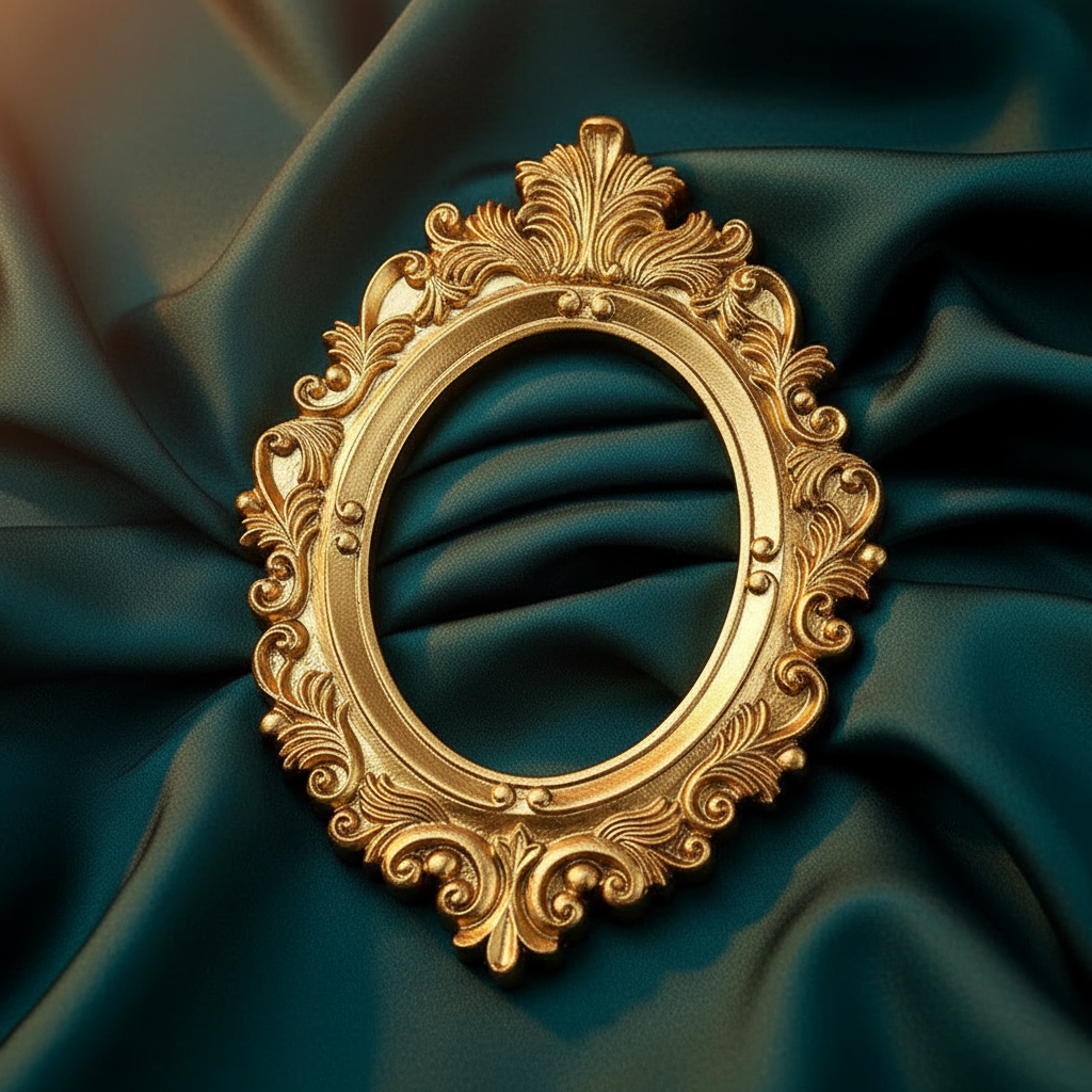 Close-up detail of golden retro resin photo frame with ornate gold texture
