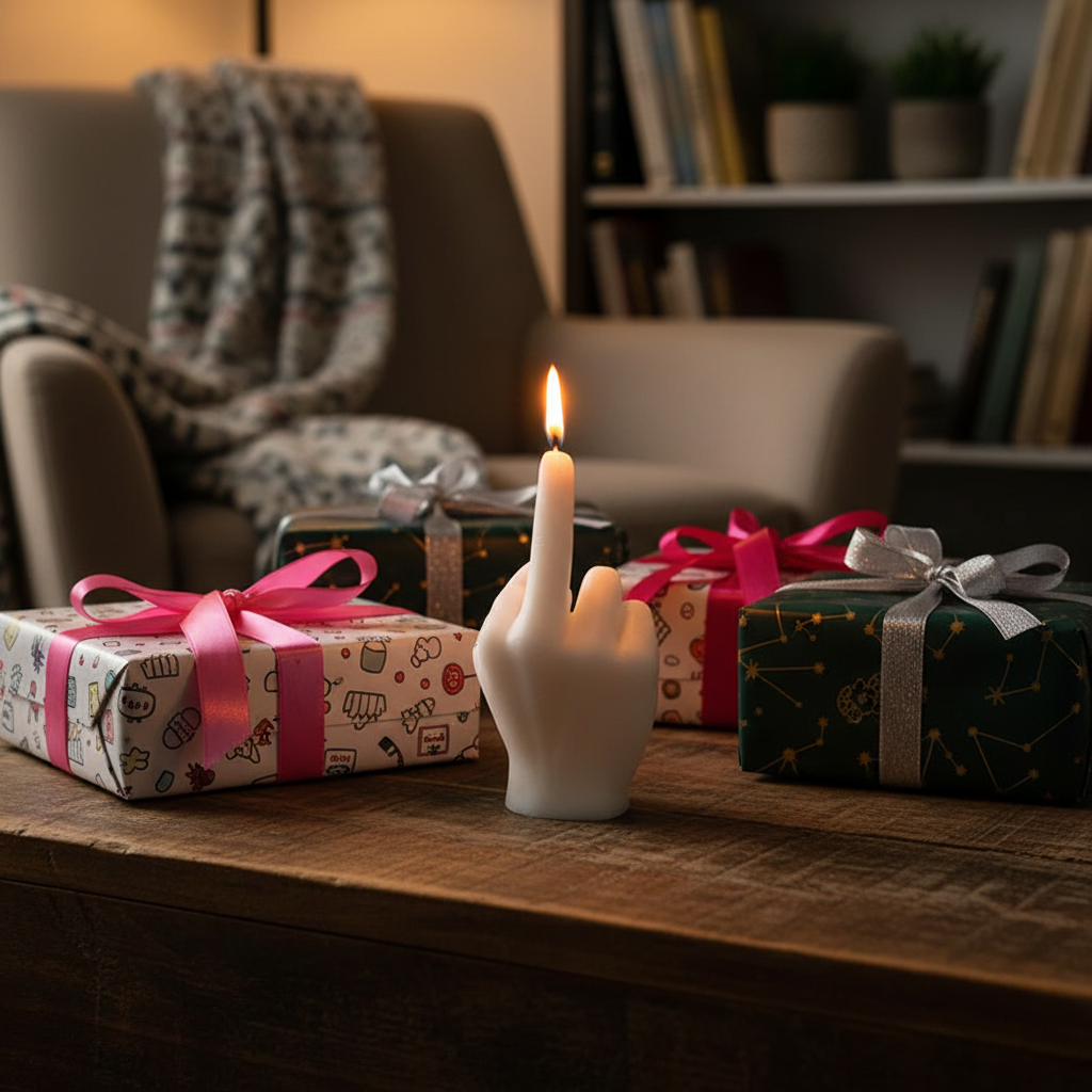 Quirky middle finger candle as fun gift with wrapping