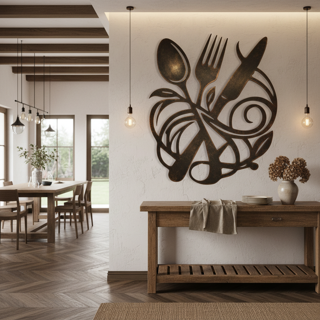 Vintage metal knife and fork wall art in modern kitchen