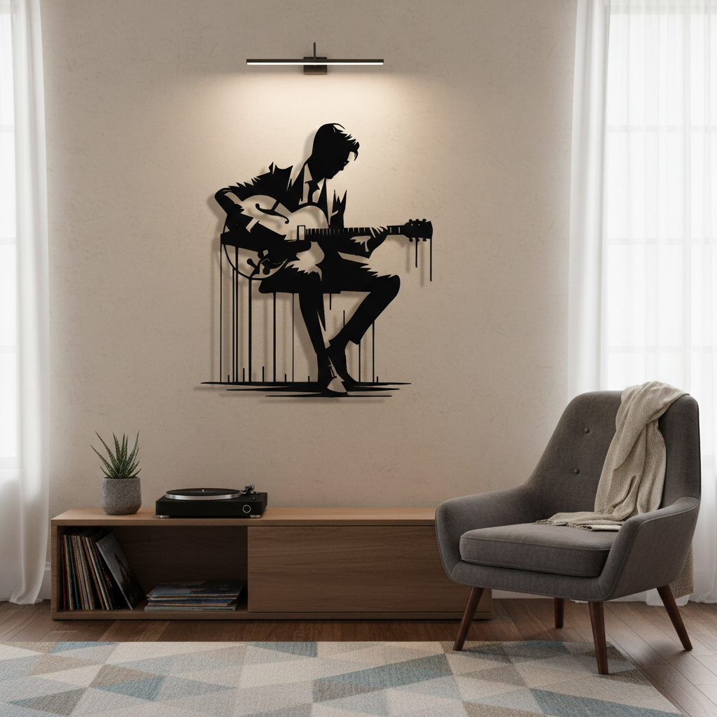Abstract metal guitar wall art in modern living room