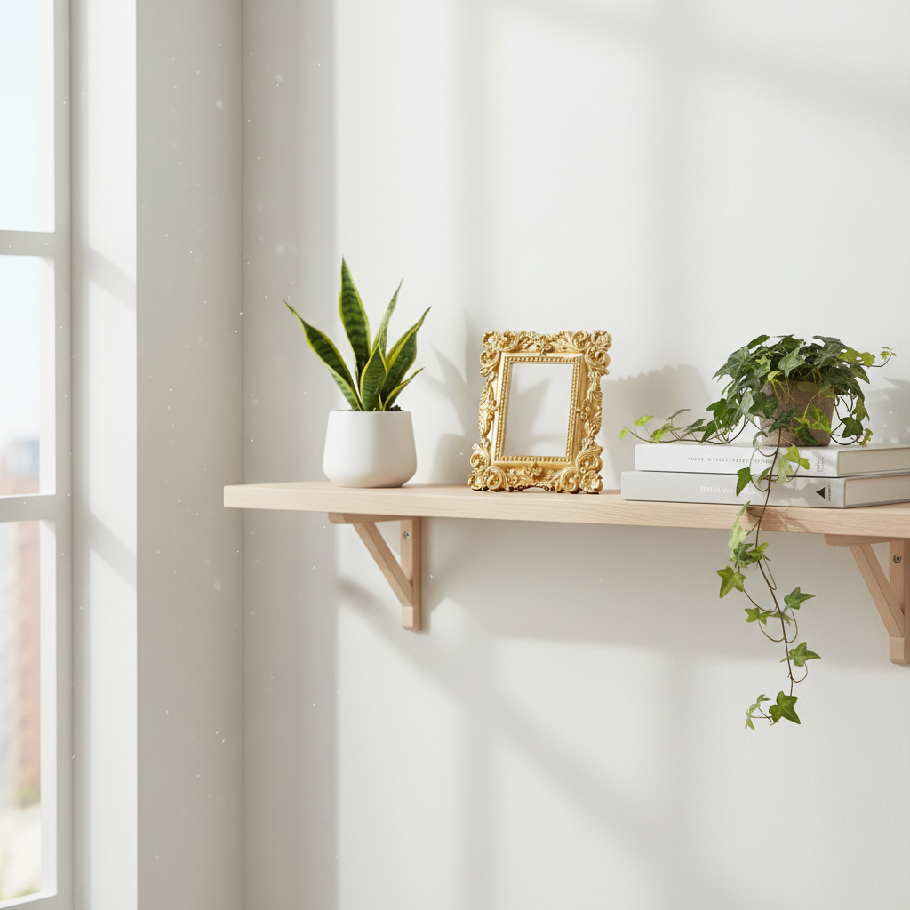 Decorative golden resin photo frame on minimalist Scandinavian shelf
