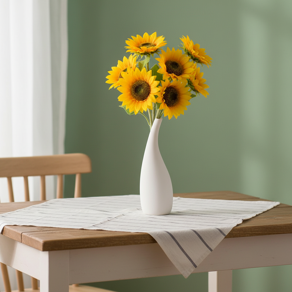 White ceramic matte vase with yellow sunflowers on sage green wall