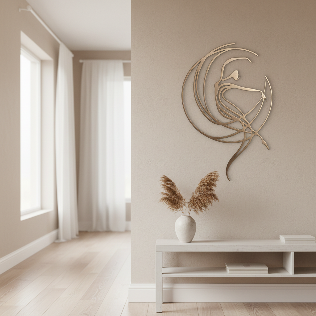 Ballet metal wall sculpture in minimalist hallway