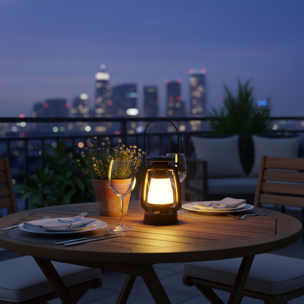Retro LED lantern on cozy balcony table at dusk