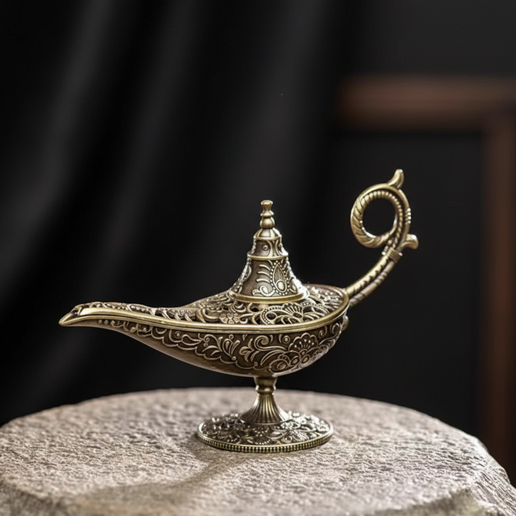 Close-up detail of antique Aladdin oil lamp showing ornate brass craftsmanship