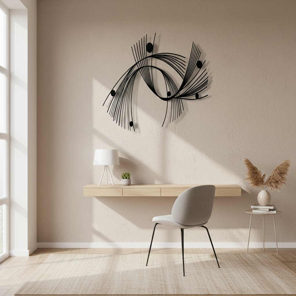 Minimalist linear geometric metal wall art in hallway
