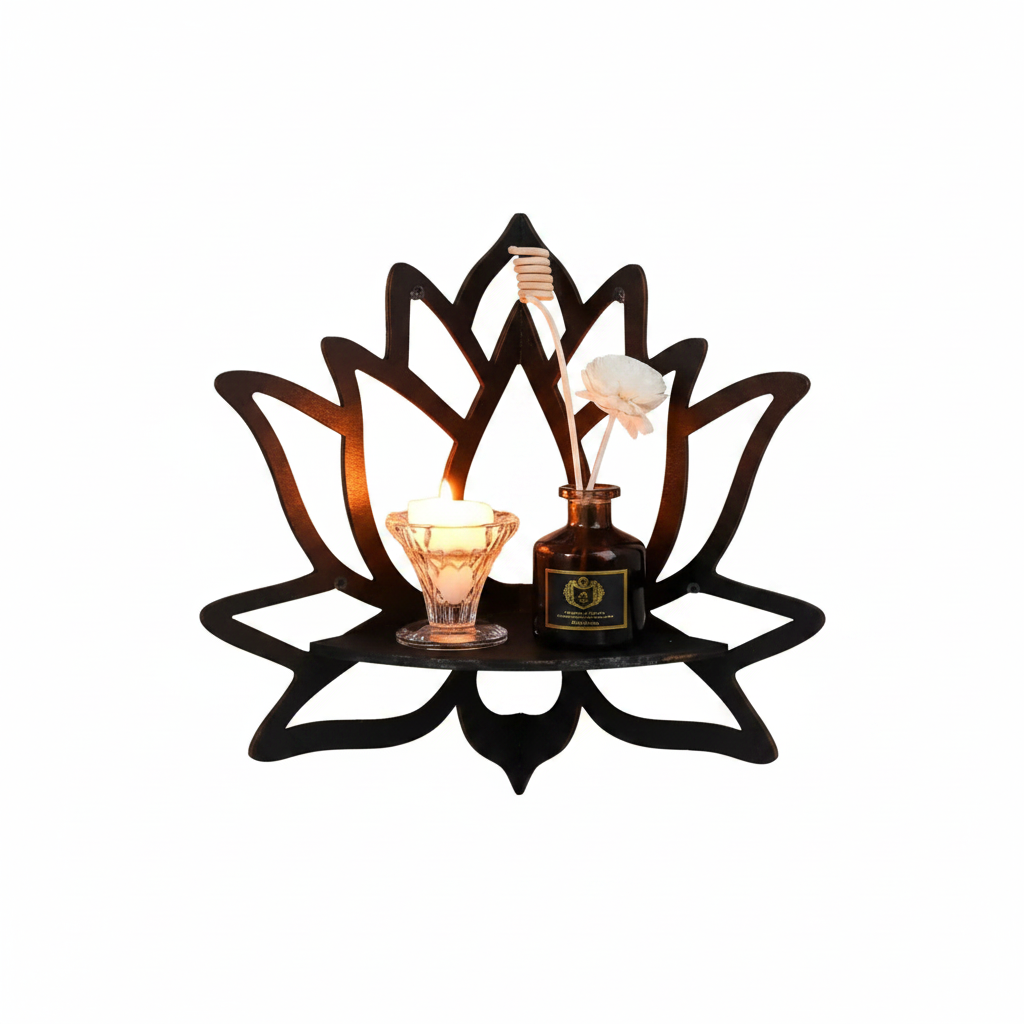 Close-up detail of wooden lotus wall shelf showing carved lotus design and natural wood grain
